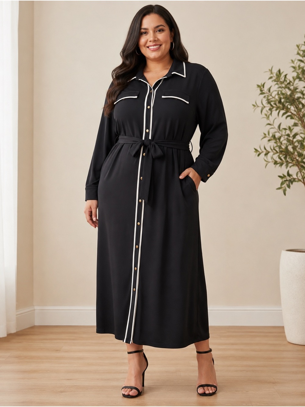 NWT Talbots Plus 2X Black Piped Belted Maxi Shirt Dress
